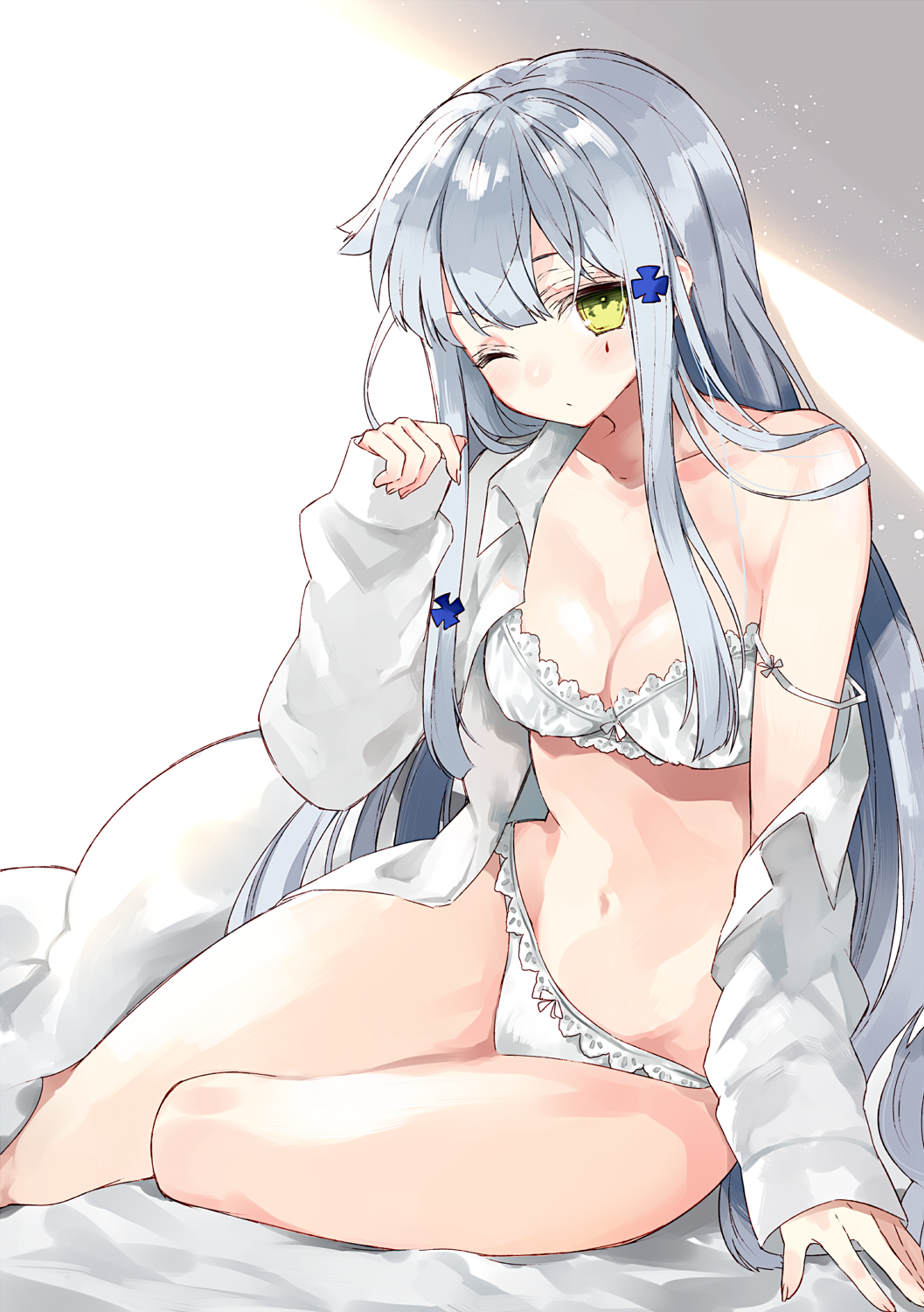 1girl alternate_costume arm_support bangs bed_sheet blunt_bangs blush bra breasts cleavage closed_mouth collarbone commentary eyebrows_visible_through_hair facial_mark frilled_bra frilled_panties frilled_underwear frills girls_frontline green_eyes hair_between_eyes hair_ornament hasegawa_(rarairairai) highres hk416_(girls_frontline) long_hair looking_at_viewer medium_breasts navel panties shirt silver_hair sitting solo teardrop underwear very_long_hair white_bra white_hair white_panties yokozuwari