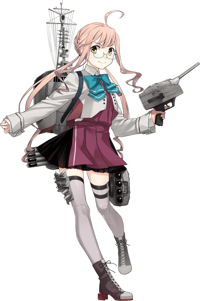 1girl ahoge depth_charge depth_charge_projector double_bun dress fujikawa full_body glasses grey_legwear kantai_collection long_hair long_sleeves machinery makigumo_(kantai_collection) official_art pink_hair purple_dress remodel_(kantai_collection) smile solo thigh-highs torpedo_launcher torpedo_tubes transparent_background turret twintails zettai_ryouiki