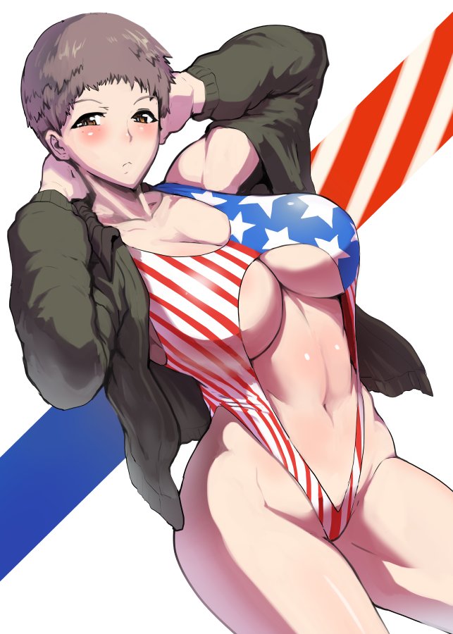 1girl american_flag american_flag_print arms_behind_head arms_up bangs blush breasts brown_eyes brown_hair center_opening cleavage flag_print freckles girls_und_panzer highleg highleg_swimsuit huge_breasts jacket naomi_(girls_und_panzer) navel one-piece_swimsuit open_clothes open_jacket sasaki_tatsuya short_hair solo swimsuit toned under_boob very_short_hair