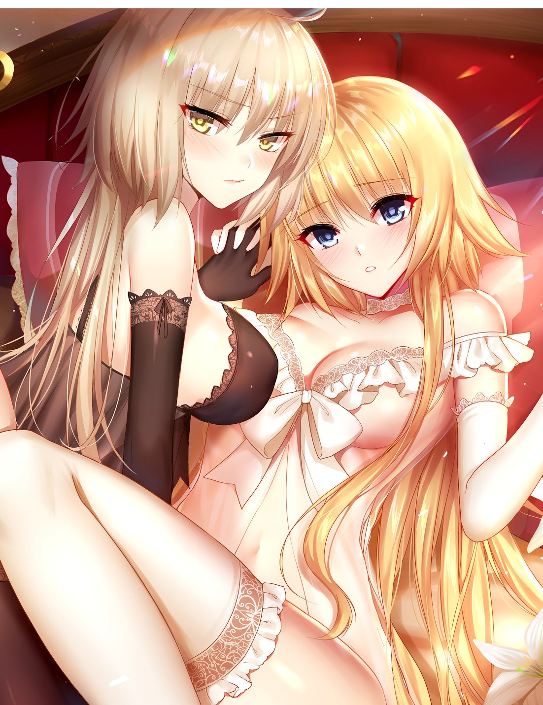 2girls ahoge babydoll bangs bed black_babydoll black_gloves blonde_hair blush breasts choker cleavage closed_mouth elbow_gloves eyebrows_visible_through_hair fate/apocrypha fate/grand_order fate_(series) flower gloves hands_clasped highres jeanne_d'arc_(alter)_(fate) jeanne_d'arc_(fate) jeanne_d'arc_(fate)_(all) lace lace_choker large_breasts lily_(flower) long_hair looking_at_viewer mallizmora multiple_girls open_mouth own_hands_together pillow sidelocks silver_hair tareme tsurime underwear underwear_only white_babydoll white_gloves yellow_eyes