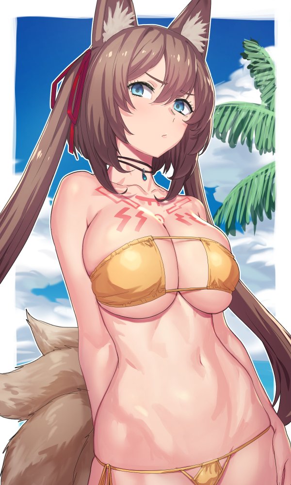 1girl animal_ears arm_at_side beach bikini blue_eyes breasts brown_hair choker cleavage eyepatch_bikini fox_ears fox_tail hair_between_eyes large_breasts long_hair multiple_tails outdoors outside_border side-tie_bikini solo star_ocean star_ocean_anamnesis swimsuit tail tattoo tenchisouha twintails very_long_hair yellow_bikini