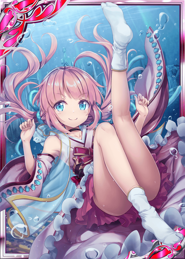 1girl akkijin ass blue_eyes bubble card_(medium) gem japanese_clothes leg_up looking_at_viewer no_shoes official_art pink_hair shinkai_no_valkyrie socks twintails underwater