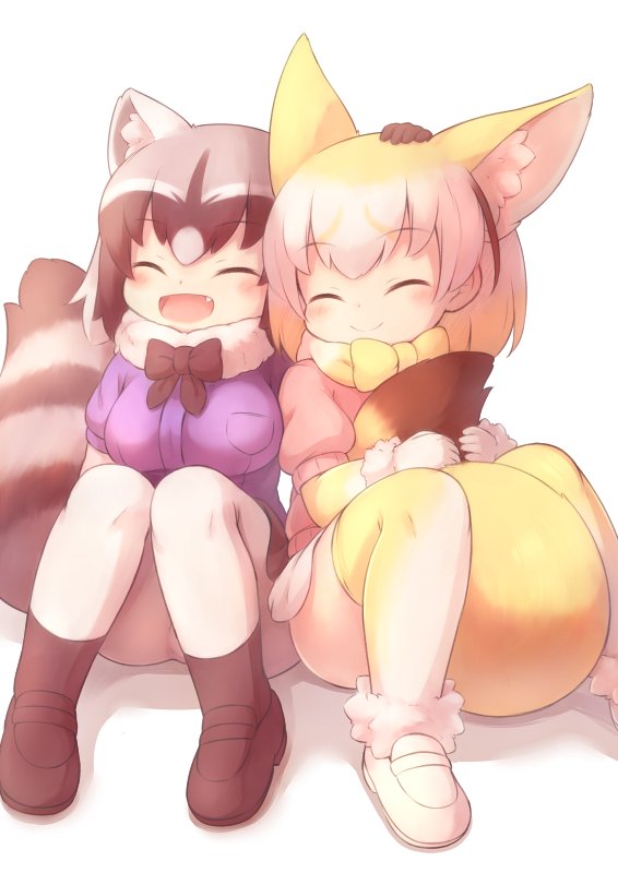 2girls animal_ear_fluff animal_ears bangs between_legs black_footwear black_hair black_neckwear blonde_hair blouse blush bow bowtie breast_pocket closed_eyes commentary_request common_raccoon_(kemono_friends) elbow_gloves extra_ears fang fennec_(kemono_friends) fox_ears fox_tail fur_trim gloves grey_hair hand_on_another's_head kemono_friends mary_janes matsuu_(akiomoi) medium_hair multicolored_hair multiple_girls open_mouth pink_sweater pocket puffy_sleeves purple_blouse raccoon_ears raccoon_tail shoes side-by-side simple_background sitting skirt smile sweater tail tail_between_legs tail_hug tareme thigh-highs white_background white_footwear white_hair white_legwear white_skirt yellow_legwear yellow_neckwear