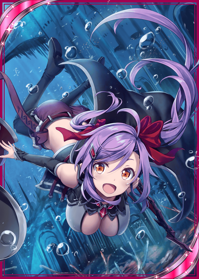 1girl :d akkijin boots breasts bubble card_(medium) castle cleavage coral gem hair_ornament hair_ribbon large_breasts long_hair official_art open_mouth orange_eyes ponytail purple_hair red_ribbon ribbon shinkai_no_valkyrie short_shorts shorts smile soles swimming thigh-highs underwater weapon