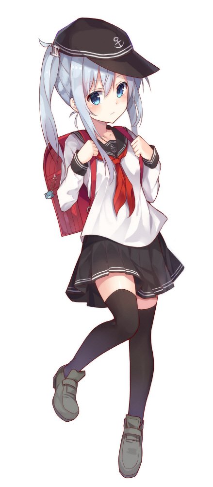 1girl anchor_print backpack bag black_hat black_legwear black_sailor_collar black_skirt blue_eyes blush flat_cap full_body grey_footwear hair_between_eyes hat hibiki_(kantai_collection) huwali_(dnwls3010) kantai_collection long_hair long_sleeves looking_at_viewer miniskirt neckerchief pleated_skirt red_backpack red_neckwear sailor_collar school_uniform serafuku shirt sidelocks silver_hair simple_background skirt solo standing thigh-highs twintails white_background white_shirt zettai_ryouiki