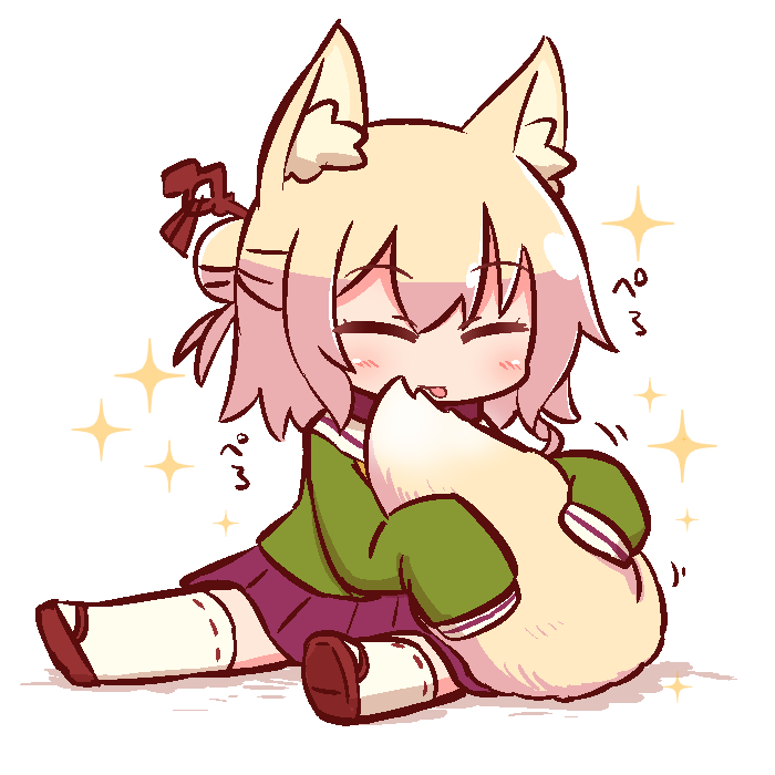 1girl animal_ear_fluff animal_ears bangs blonde_hair blush brown_collar brown_footwear chibi closed_eyes closed_mouth eyebrows_visible_through_hair facing_viewer fox_ears fox_girl fox_tail full_body green_shirt hair_between_eyes hair_bun hair_ornament kemomimi-chan_(naga_u) long_hair long_sleeves naga_u original pleated_skirt purple_skirt ribbon-trimmed_legwear ribbon_trim sailor_collar school_uniform serafuku shadow shirt shoe_soles sidelocks sitting skirt sleeves_past_fingers sleeves_past_wrists solo sparkle tail tail_hug thigh-highs tongue tongue_out white_background white_legwear white_sailor_collar zouri