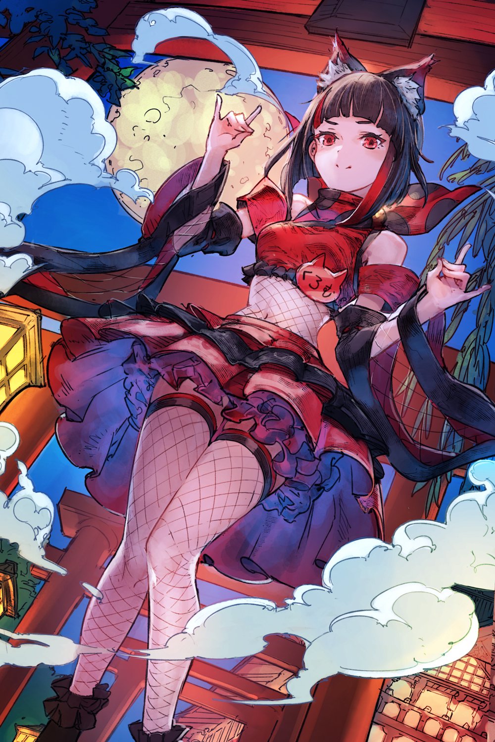 1girl animal_ear_fluff animal_ears animare bangs bare_shoulders blunt_bangs breasts brown_hair clouds detached_sleeves fishnet_legwear fishnets frilled_skirt frills from_below gigapuri highres inari_kuromu kuromu_channel looking_at_viewer medium_breasts midriff moon multicolored_hair red_eyes red_skirt redhead skirt smile solo streaked_hair thigh-highs virtual_youtuber zettai_ryouiki