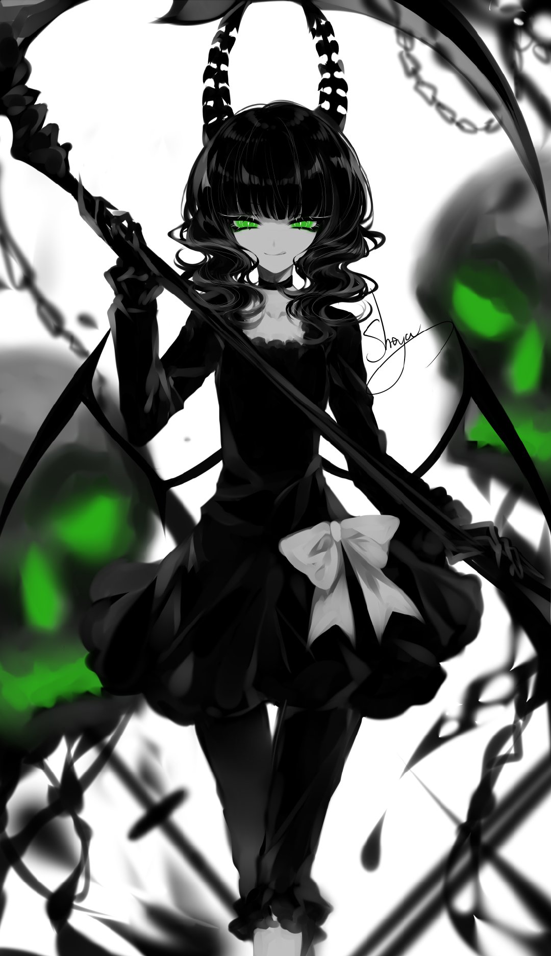 1girl :q artist_name bangs black_dress black_gloves black_hair black_rock_shooter bow chains chinese_commentary choker collarbone commentary_request dead_master demon_wings dress eyelashes feet_out_of_frame gloves green_eyes hand_up highres holding holding_scythe holding_weapon horns limited_palette long_hair long_sleeves looking_at_viewer pants scythe sheya short_dress signature simple_background skull smile solo spot_color standing tongue tongue_out wavy_hair weapon white_background wings