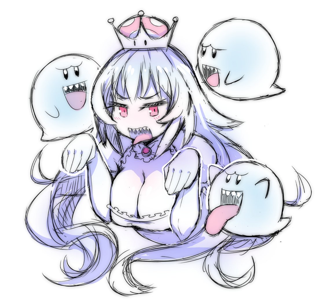 1girl akairiot blush boo breasts cleavage collar crown dress frilled_collar frills ghost_pose large_breasts long_hair luigi's_mansion super_mario_bros. new_super_mario_bros._u_deluxe nintendo open_mouth pale_skin princess_king_boo red_eyes sharp_teeth simple_background super_crown teeth tongue tongue_out upper_body white_background white_dress white_hair