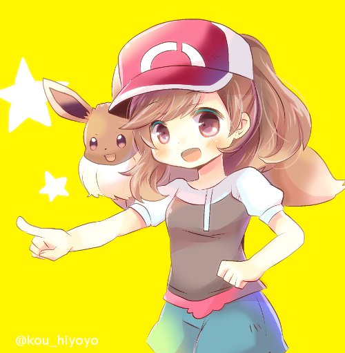 1girl baseball_cap black_shirt blue_shorts blush breasts brown_eyes brown_hair creatures_(company) eevee female_protagonist_(pokemon_lgpe) fingernails game_freak gen_1_pokemon hat kouu_hiyoyo long_hair nintendo on_shoulder outstretched_arm pointing pokemon pokemon_(creature) pokemon_(game) pokemon_lgpe puffy_short_sleeves puffy_sleeves red_hat shirt short_shorts short_sleeves shorts small_breasts star twitter_username yellow_background