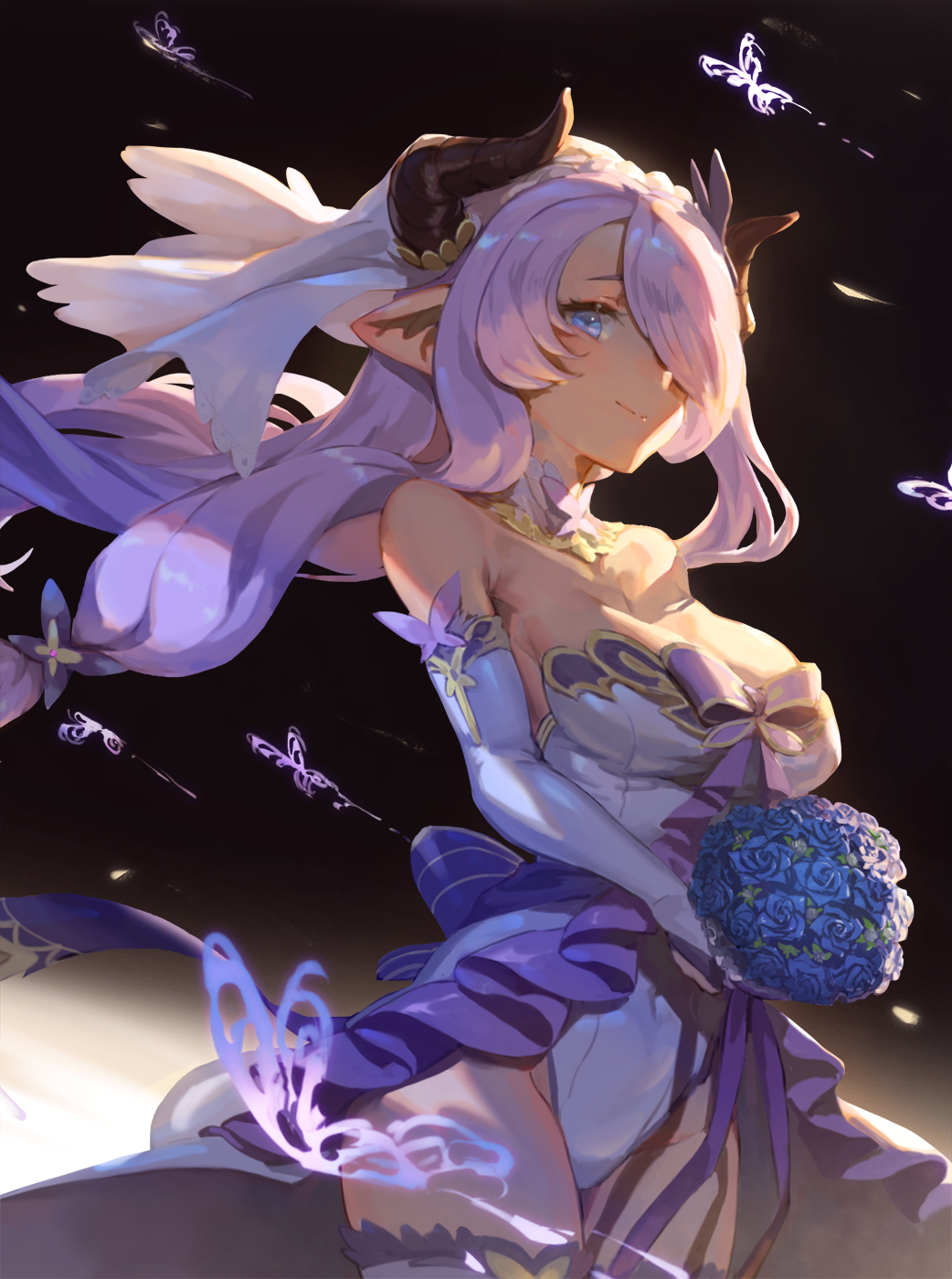 1girl bare_shoulders blue_eyes blue_flower blue_rose blush bouquet breasts bridal_veil cleavage draph dress ecien elbow_gloves floating_hair flower gloves granblue_fantasy hair_ornament hair_over_one_eye highres holding holding_bouquet horns large_breasts leotard long_hair looking_at_viewer low_tied_hair narmaya_(granblue_fantasy) open_mouth pointy_ears purple_hair rose smile solo strapless strapless_dress thigh-highs veil wedding_dress wind