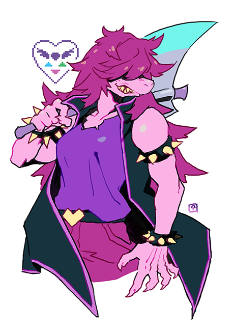 1girl axe black_jacket bracelet daoli deltarune hair_over_eyes holding holding_axe jacket jewelry over_shoulder pink_skin purple_shirt shirt solo spiked_armlets spiked_bracelet spikes susie_(deltarune) teeth white_background yellow_teeth