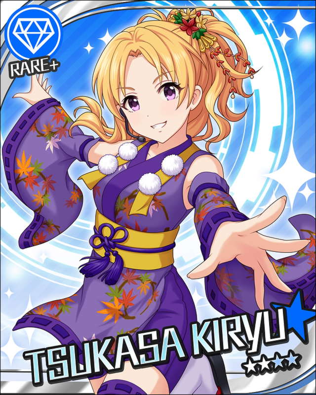 blonde_hair blush character_name idolmaster idolmaster_cinderella_girls long_hair ponytail smile stars tsukasa_kiryuu violet_eyes yukata