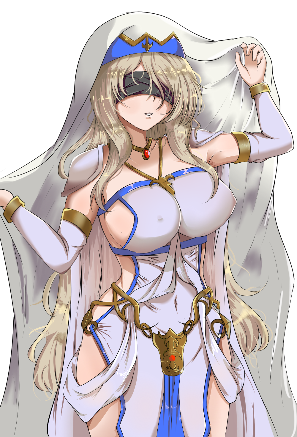 1girl bangs blindfold blonde_hair breasts covered_navel covered_nipples detached_sleeves dress goblin_slayer! highres hip_vent jewelry large_breasts long_hair messy_hair necklace parted_lips side_slit sideboob sword_maiden veil very_long_hair whin white_dress