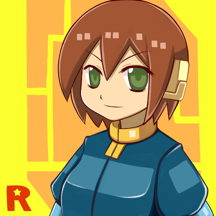 1girl aile breasts brown_hair commentary_request green_eyes jacket robot_ears rockman rockman_zx shin_ala short_hair smile solo