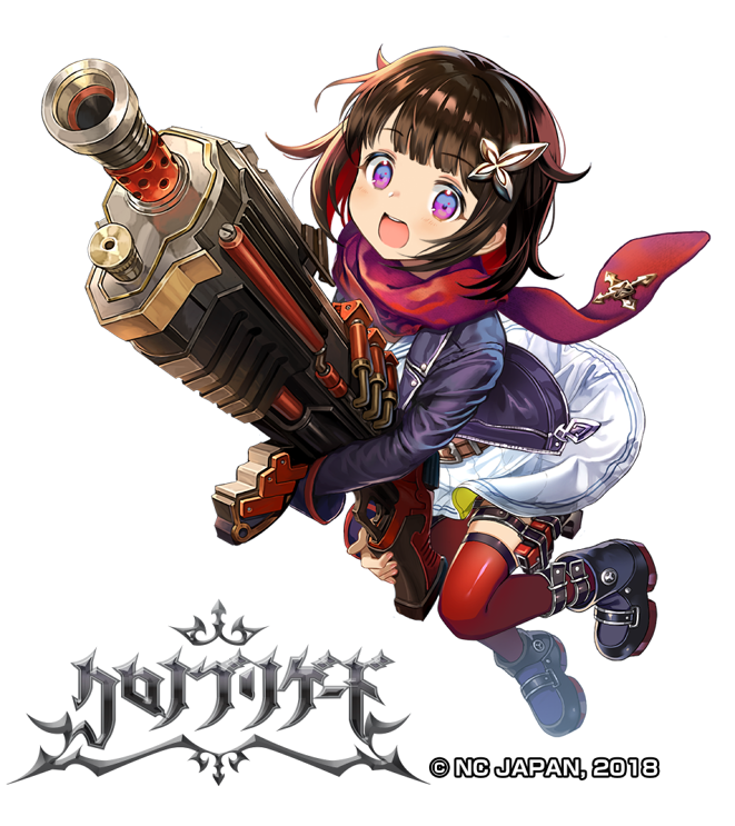 1girl :d black_footwear black_jacket brown_hair chrono_brigade full_body gun hair_ornament holding holding_gun holding_weapon jacket nishizawa official_art open_mouth red_legwear red_scarf scarf smile thigh-highs thigh_strap violet_eyes watermark weapon white_background