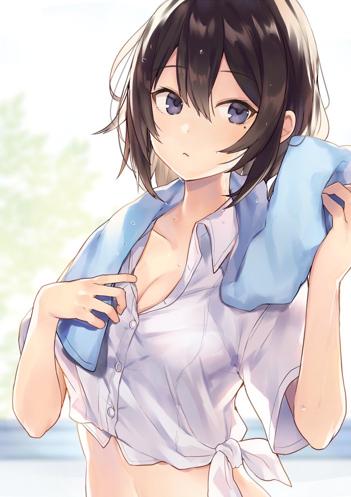 1girl blue_eyes blue_towel breasts brown_hair cleavage collarbone dress_shirt eyebrows_visible_through_hair hair_between_eyes looking_to_the_side medium_breasts midriff mole mole_under_eye original shirt short_hair shugao solo standing stomach tied_shirt towel towel_around_neck upper_body wet wet_hair white_background white_shirt