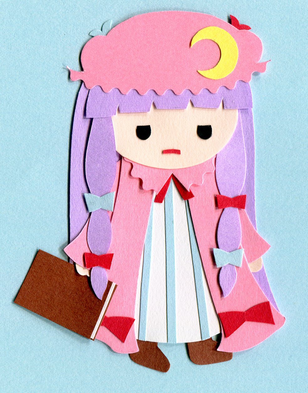 aqua_background bangs blue_bow blunt_bangs book bow crescent crescent_hair_ornament dress full_body hair_ornament hair_ribbon hat highres holding holding_book long_hair long_sleeves mob_cap paper_(medium) patchouli_knowledge pink_hat poru_(tohopunk) purple_hair red_bow ribbon simple_background striped striped_dress touhou very_long_hair