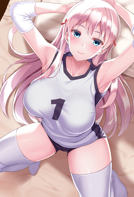 1girl arm_behind_head armpits bangs bed bed_sheet black_shorts blue_eyes blush bow breasts closed_mouth collarbone elbow_pads from_above gym_shorts gym_uniform hair_bow huyumitsu indoors large_breasts long_hair looking_at_viewer number numbers'_uniform original pillow pink_hair shirt short_shorts shorts sleeveless sleeveless_shirt solo sportswear squatting thigh-highs volleyball_uniform white_legwear white_shirt