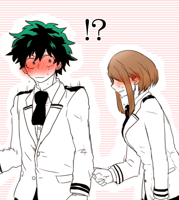 !? 1boy 1girl blush boku_no_hero_academia breasts brown_hair embarrassed full-face_blush green_eyes green_hair hetero jacket medium_breasts messy_hair midoriya_izuku necktie partially_colored short_necktie sidelocks sleeve_tug striped striped_background sweat sweatdrop sweating_profusely u.a._school_uniform uraraka_ochako yagiushi_(sinnpatilove)