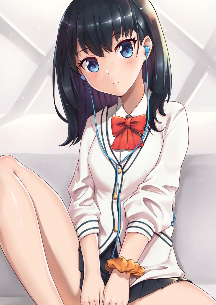 1girl bangs black_hair black_skirt blue_eyes blush bow cardigan closed_mouth collared_shirt commentary_request earphones earphones eyebrows_visible_through_hair hair_between_eyes head_tilt knee_up lo_xueming long_hair looking_at_viewer orange_scrunchie pleated_skirt red_bow scrunchie shirt sitting skirt solo ssss.gridman takarada_rikka white_cardigan white_shirt wrist_scrunchie