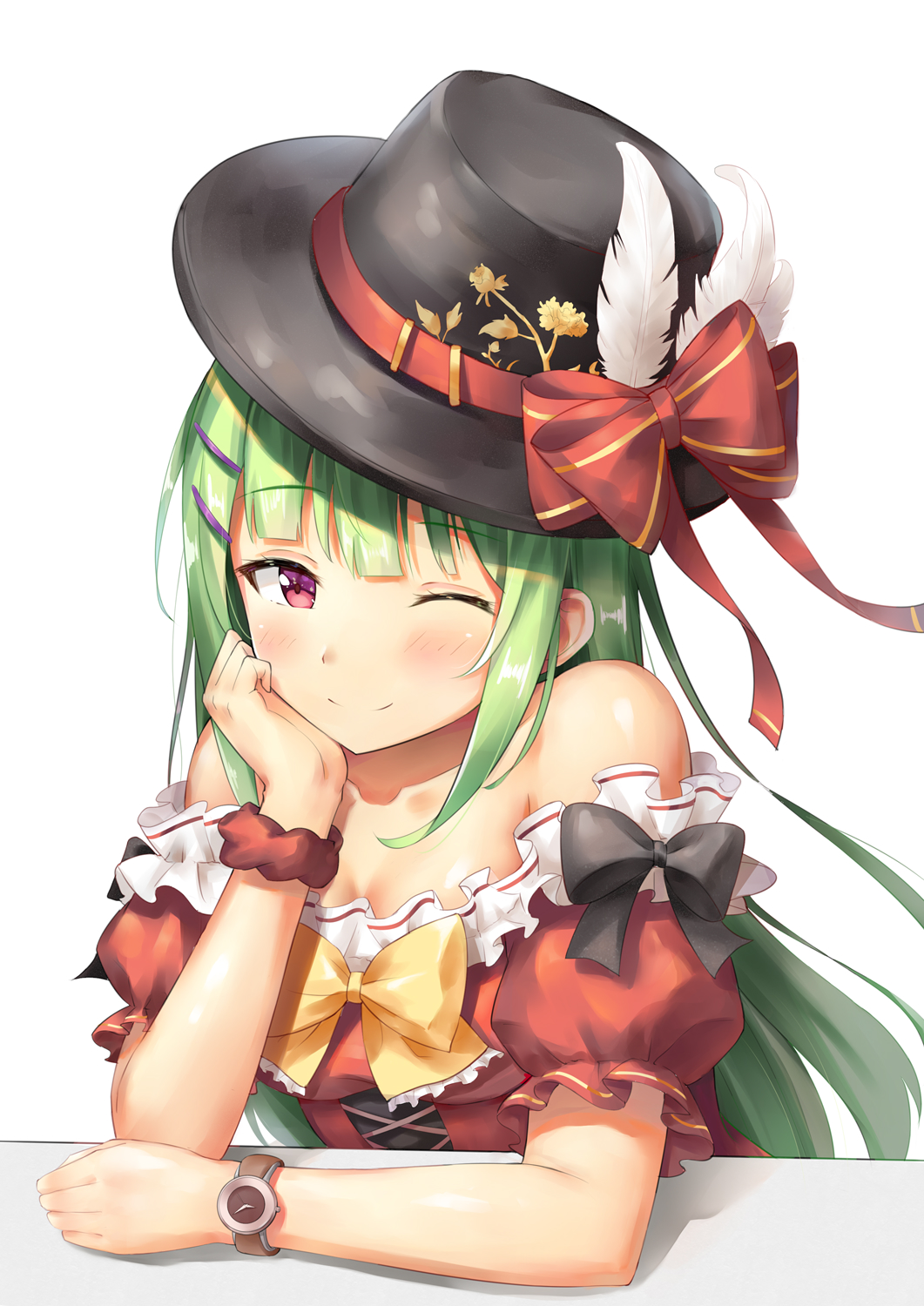 1girl bangs bare_shoulders black_hat blush bow bowtie breasts chin_rest closed_mouth cross-laced_clothes dress eyebrows_visible_through_hair feathers frilled_dress frills green_hair hair_ornament hairclip hat highres long_hair looking_at_viewer medium_breasts off_shoulder one_eye_closed original puffy_short_sleeves puffy_sleeves red_bow red_dress red_eyes scrunchie short_sleeves sidelocks simple_background smile solo top_hat upper_body watch watch white_background wrist_scrunchie yang423 yellow_neckwear