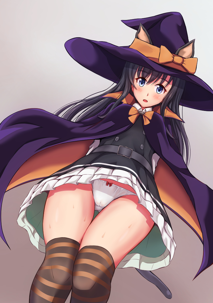 1girl animal_ears arms_behind_back asashio_(kantai_collection) ass_visible_through_thighs belt black_hair black_legwear blue_eyes blush breasts brooch buttons cape cat_ears cat_tail collared_shirt commentary_request dress eyebrows_visible_through_hair fake_animal_ears fake_tail from_below halloween halloween_costume hat jewelry kantai_collection long_hair long_sleeves looking_at_viewer neck_ribbon orange_legwear orange_ribbon panties pantyshot pinafore_dress remodel_(kantai_collection) ribbon roku_(roku28) school_uniform shirt small_breasts solo standing surprised tail thigh-highs underwear white_panties white_shirt witch witch_hat