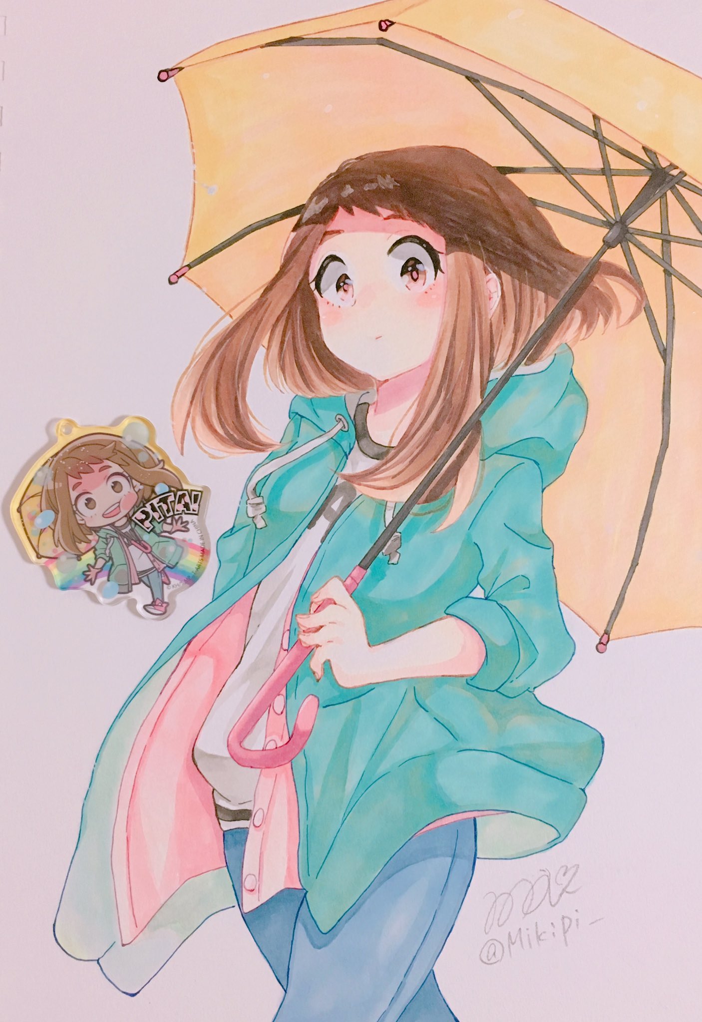 1girl blush boku_no_hero_academia brown_eyes brown_hair highres looking_at_viewer mikipi raincoat self_upload short_hair sidelocks solo umbrella uraraka_ochako