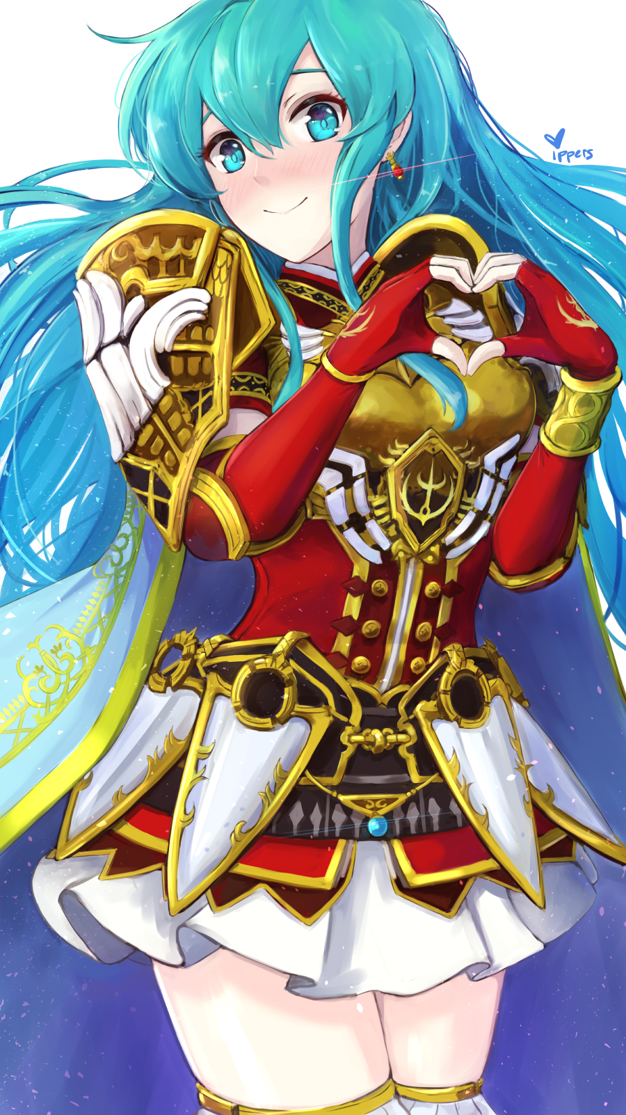 1girl aqua_hair armor armored_dress blue_eyes blush breastplate cape earrings eirika fingerless_gloves fire_emblem fire_emblem:_seima_no_kouseki fire_emblem_heroes gloves heart heart_hands highres ippers jewelry nintendo signature simple_background skirt solo