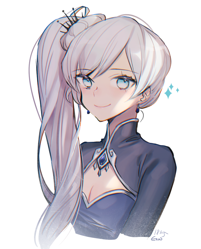 1girl alternate_costume artist_name blue_eyes breasts cleavage earrings ecru hair_ornament jewelry rwby scar scar_across_eye small_breasts smile solo weiss_schnee white_background white_hair