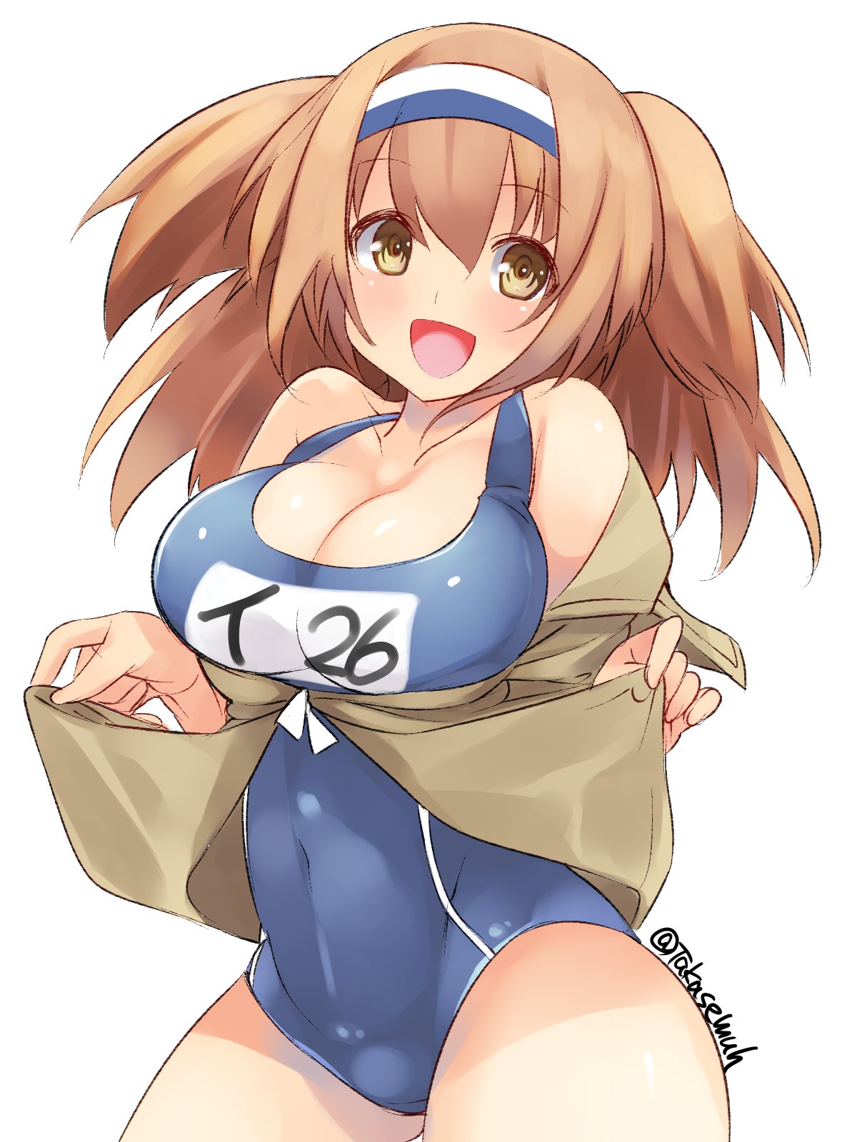 1girl :d breasts clothes_writing collarbone commentary_request covered_navel eyebrows_visible_through_hair hairband highres i-26_(kantai_collection) jacket_lift kantai_collection large_breasts light_brown_eyes light_brown_hair long_hair name_tag new_school_swimsuit one-piece_swimsuit open_clothes open_mouth sailor_collar school_swimsuit short_sleeves smile swimsuit swimsuit_under_clothes takase_muu twitter_username two-tone_hairband two_side_up white_background