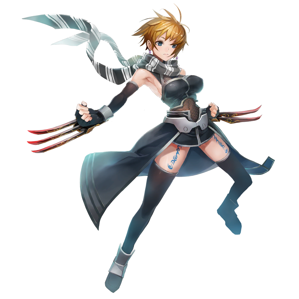 1girl armor blonde_hair blue_eyes boots breasts claw_(weapon) cleavage earrings fingerless_gloves gloves jewelry official_art scarf short_hair solo star_ocean star_ocean_anamnesis star_ocean_till_the_end_of_time tattoo thigh-highs transparent_background tynave weapon
