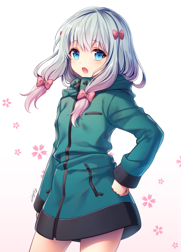 1girl :o arm_at_side bangs blue_eyes bow commentary_request cowboy_shot eromanga_sensei eyebrows_visible_through_hair floral_background gradient_hair green_jacket grey_hair hair_bow hand_on_hip hood hood_down izumi_sagiri jacket legs_apart long_hair long_sleeves looking_at_viewer low-tied_long_hair milcho multicolored_hair open_mouth pink_bow pink_hair signature simple_background solo standing white_background