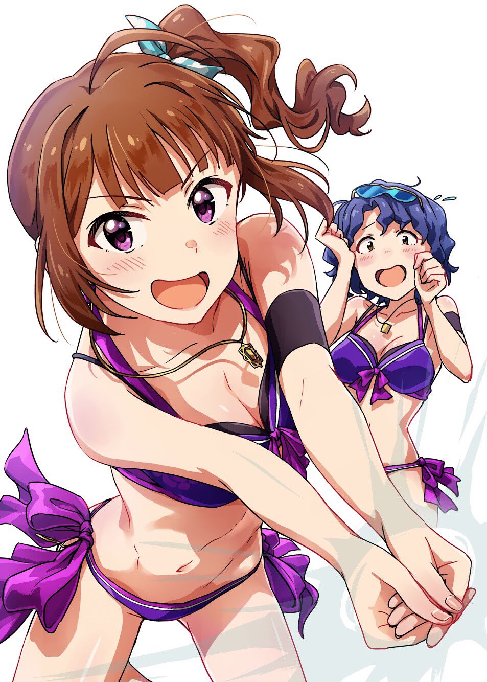 2girls ahoge ayano_yuu_(sonma_1426) beach_volleyball bikini blue_hair bow breasts brown_hair character_request cleavage collarbone eyewear_on_head hair_bow highres idolmaster idolmaster_million_live! jewelry looking_at_viewer medium_breasts multiple_girls open_mouth pendant playing_sports short_hair side_ponytail sport sunglasses swimsuit violet_eyes volleyball yellow_eyes yokoyama_nao