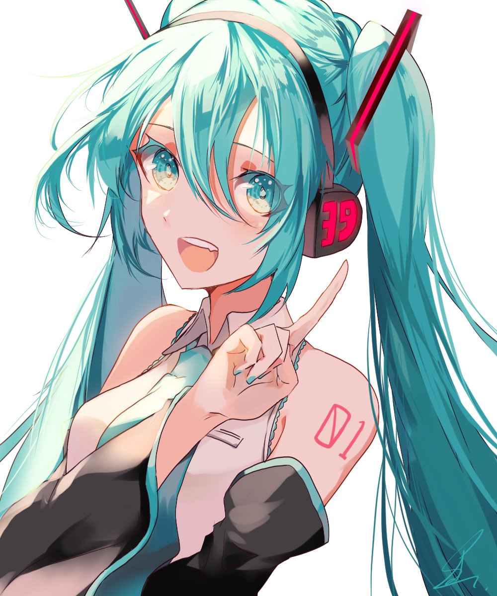 1girl aqua_eyes aqua_hair bare_shoulders detached_sleeves green_hair hair_between_eyes hatsune_miku headphones headset highres index_finger_raised long_hair looking_at_viewer necktie open_mouth saihate_(d3) sleeveless smile solo tattoo twintails very_long_hair vocaloid