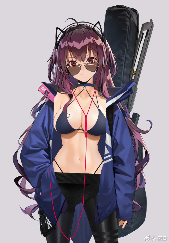 1girl animal_ears breasts choker cleavage copyright_request cowboy_shot fake_animal_ears girls_frontline grey_background hand_in_pocket head_tilt headphones highleg highleg_panties jacket long_hair long_sleeves looking_at_viewer medium_breasts midriff mr_cloud navel o-ring o-ring_top off_shoulder open_clothes open_jacket panties purple_hair red_eyes simple_background sleeves_past_wrists solo string_panties sunglasses underwear very_long_hair wa2000_(girls_frontline) weibo_username