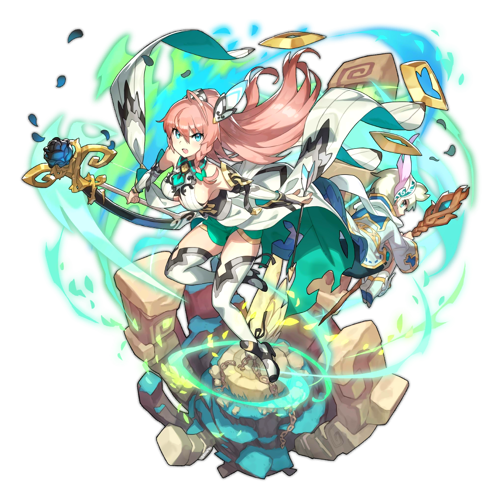 1boy 1girl artist_request blue_eyes bow_(weapon) breasts dragalia_lost green_eyes green_hair hair_ornament long_hair looking_at_viewer looking_back louise_(dragalia_lost) lowen_(dragalia_lost) official_art pink_hair sideboob thigh-highs transparent_background weapon