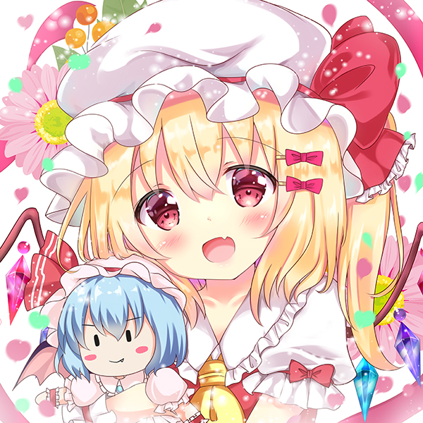1girl :d ascot bangs beret blonde_hair blush bow character_doll collared_shirt commentary_request crystal eyebrows_visible_through_hair fang flandre_scarlet frilled_shirt_collar frills hair_between_eyes hair_bow hair_ornament hairclip hat hat_bow head_tilt long_hair looking_at_viewer object_hug one_side_up open_mouth puffy_short_sleeves puffy_sleeves red_bow red_eyes red_vest remilia_scarlet rikatan shirt short_sleeves smile solo touhou vest white_hat wings wrist_cuffs yellow_neckwear
