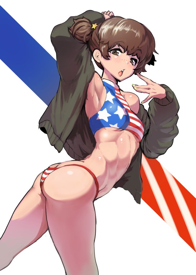 1girl alisa_(girls_und_panzer) american_flag_bikini armpits ass bangs bikini breasts brown_eyes brown_hair butt_crack chestnut_mouth eyebrows_visible_through_hair flag_print freckles girls_und_panzer jacket looking_at_viewer nail_polish open_clothes open_jacket pose sasaki_tatsuya short_hair short_twintails small_breasts solo standing swimsuit tankini toned twintails under_boob yellow_nails