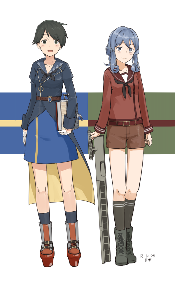 2girls black_hair black_legwear black_neckwear blue_eyes blue_hair blue_sailor_collar blue_skirt book brown_eyes brown_sailor_collar brown_serafuku brown_shorts cosplay costume_switch full_body gloves gotland_(kantai_collection) gotland_(kantai_collection)_(cosplay) gun hair_between_eyes hair_bun half_gloves kantai_collection kawashina_(momen_silicon) kneehighs long_hair long_sleeves looking_at_viewer military military_uniform mogami_(kantai_collection) mogami_(kantai_collection)_(cosplay) mole mole_under_eye multiple_girls neckerchief sailor_collar school_uniform serafuku short_hair shorts skirt standing uniform weapon white_gloves