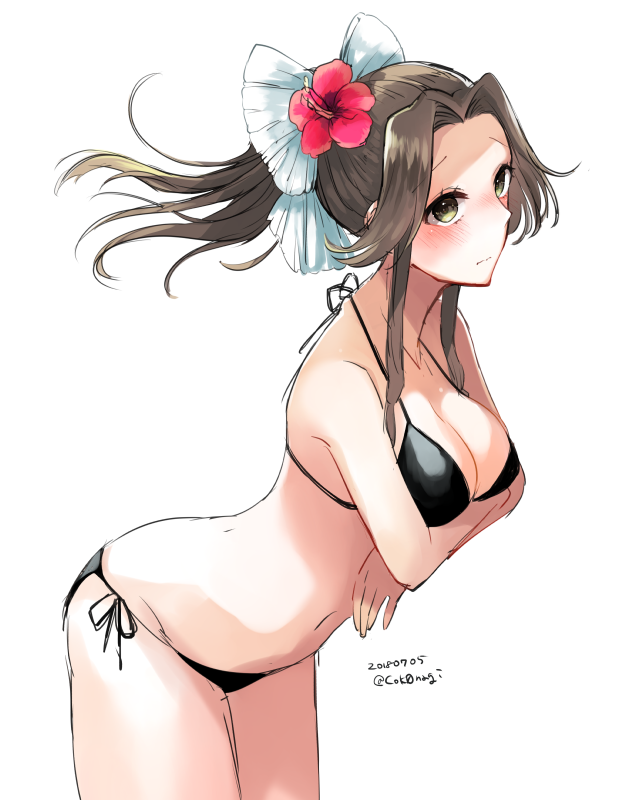 1girl 2018 bikini black_bikini blush bow breasts brown_eyes brown_hair cleavage collarbone cowboy_shot crossed_arms dated floating_hair flower hair_bow hair_flower hair_ornament hibiscus jintsuu_(kantai_collection) kantai_collection large_breasts leaning_forward long_hair nagihashi_koko navel ponytail red_flower side-tie_bikini simple_background sketch solo standing swimsuit twintails white_background