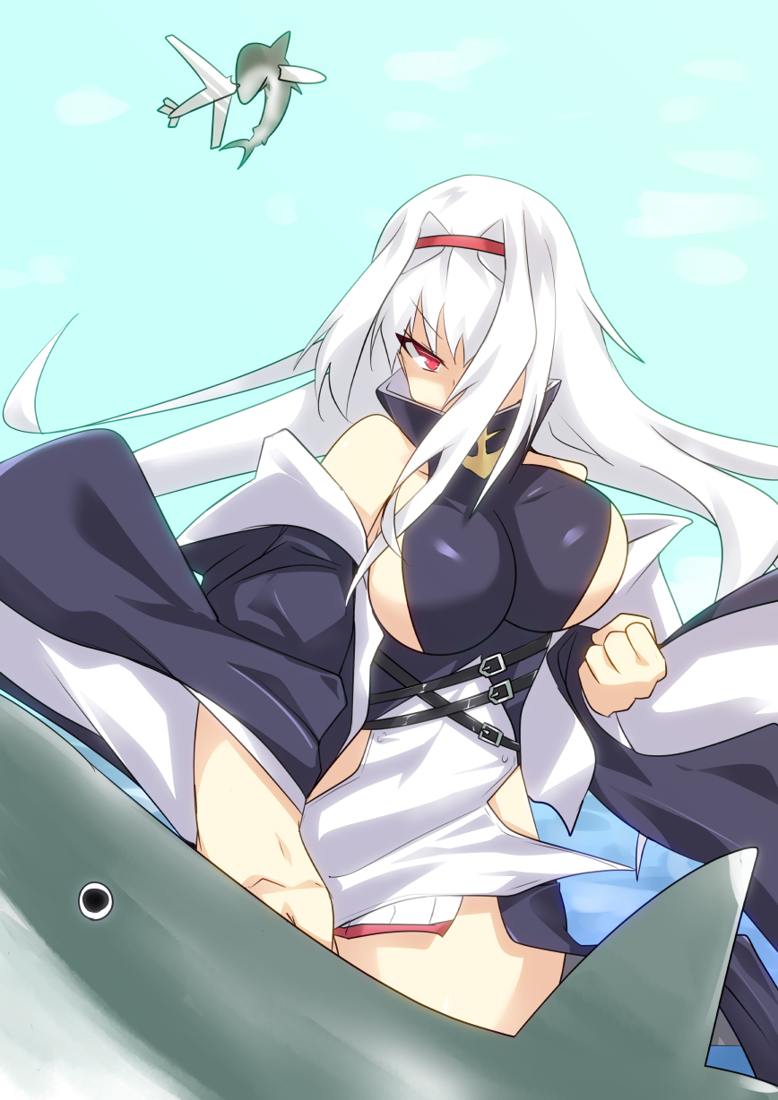 1girl aircraft airplane azur_lane breasts colorado_(azur_lane) commentary_request hair_intakes hair_over_one_eye hairband highres large_breasts punching red_eyes red_hairband sangue_llia shaded_face shark sideboob white_hair