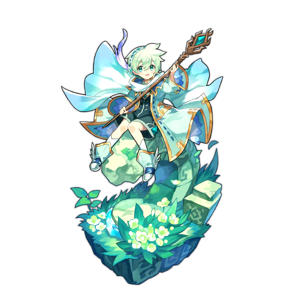 1boy aqua_eyes artist_request dragalia_lost flower grass green_hair looking_at_viewer lowen_(dragalia_lost) official_art open_mouth shoes short_hair sitting smile socks staff wide_sleeves winged_shoes wings