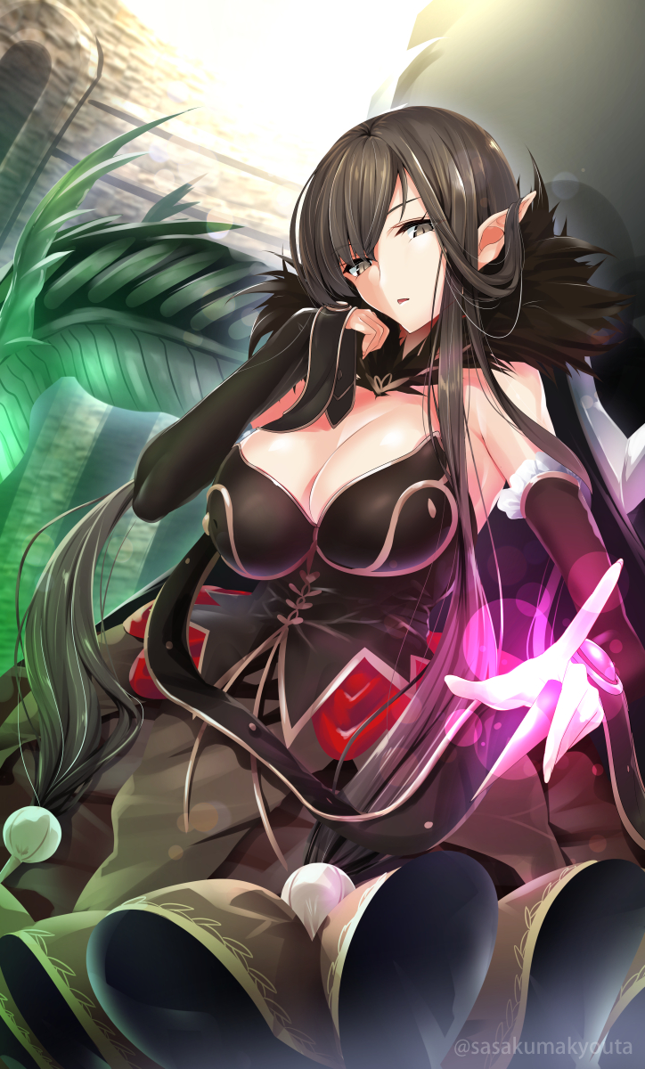 1girl absurdly_long_hair aura black_dress black_hair breasts bridal_gauntlets brown_hair cleavage commentary_request detached_sleeves dress fate/apocrypha fate/grand_order fate_(series) fern fur_trim hand_on_own_chin highres large_breasts long_dress long_hair plant pointy_ears sasakuma_kyouta semiramis_(fate) sitting very_long_hair yellow_eyes