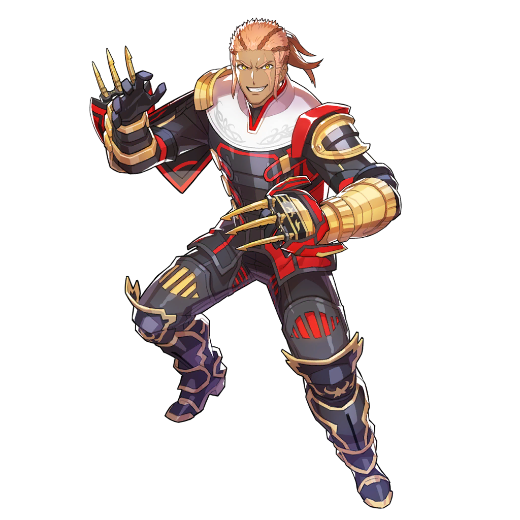 1boy armor armored_boots boots claw_(weapon) gloves gunter_(star_ocean) japanese_armor low_ponytail male_focus official_art pink_hair scar solo star_ocean star_ocean_anamnesis star_ocean_integrity_and_faithlessness teeth transparent_background weapon yellow_eyes