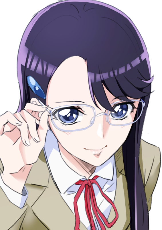 1girl adjusting_eyewear asymmetrical_hair blue_eyes brown_jacket glasses hair_ornament hairclip heartcatch_precure! jacket long_hair looking_at_viewer neck_ribbon precure purple_hair red_ribbon ribbon school_uniform shiny shiny_hair shirt simple_background smile solo tsukikage_oyama tsukikage_yuri upper_body white-framed_eyewear white_background white_shirt