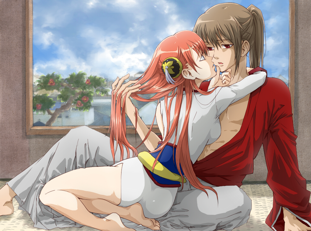 1boy 1girl arm_support breast_press breasts brown_hair china_dress chinese_clothes clouds cloudy_sky couple day dress eye_contact gintama grey_hakama hair_bun hakama holding_another's_hair indoors japanese_clothes kagura_(gintama) kimono long_hair looking_at_another medium_breasts nammy okita_sougo open_clothes open_kimono open_mouth orange_hair ponytail red_eyes red_kimono shiny shiny_hair side_slit sky very_long_hair white_dress window