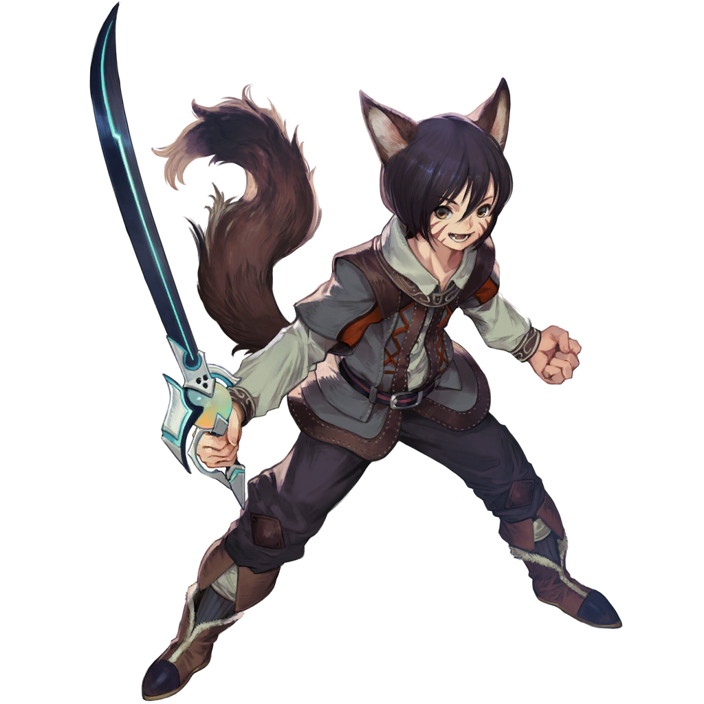 1boy andre_(star_ocean) animal_ears belt black_hair boots fangs fur_trim male_focus official_art open_mouth solo star_ocean star_ocean_anamnesis sword tail transparent_background weapon yellow_eyes