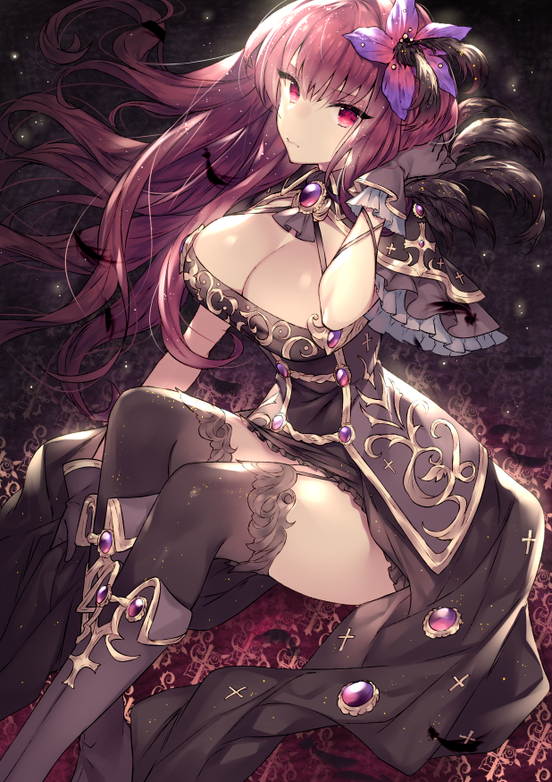 1girl bangs boots breasts brown_dress brown_footwear brown_gloves brown_legwear cleavage closed_mouth commentary dress english_commentary eyebrows_visible_through_hair fate/grand_order fate_(series) feather_trim flower gloves hair_between_eyes hair_flower hair_ornament hand_up knee_boots large_breasts long_hair looking_at_viewer purple_flower purple_hair red_eyes scathach_(fate)_(all) scathach_(fate/grand_order) sitting solo thigh-highs thighhighs_under_boots touwa_nikuman very_long_hair