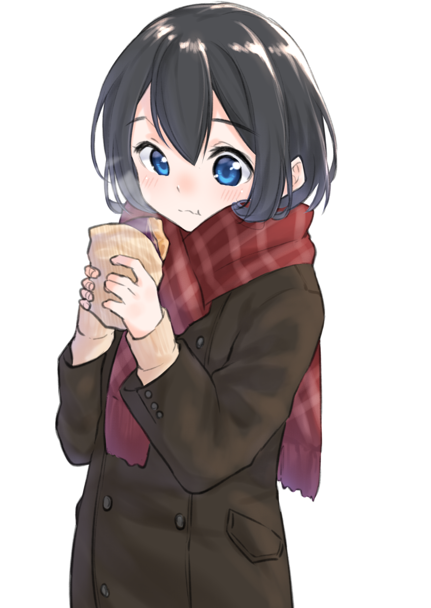 1girl :t bangs black_hair blue_eyes blush brown_coat chewing closed_mouth coat commentary_request double-breasted eating eyebrows_visible_through_hair food_request fringe_trim hair_between_eyes hands_up highres holding long_sleeves original pocket scarf simple_background solo suzunari_shizuku wavy_mouth white_background winter_clothes winter_coat yuki_arare